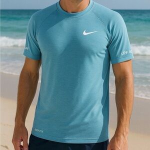 Nike swim dri fit T shirt Men's large blue Rash Guard short sleeves UPF 40